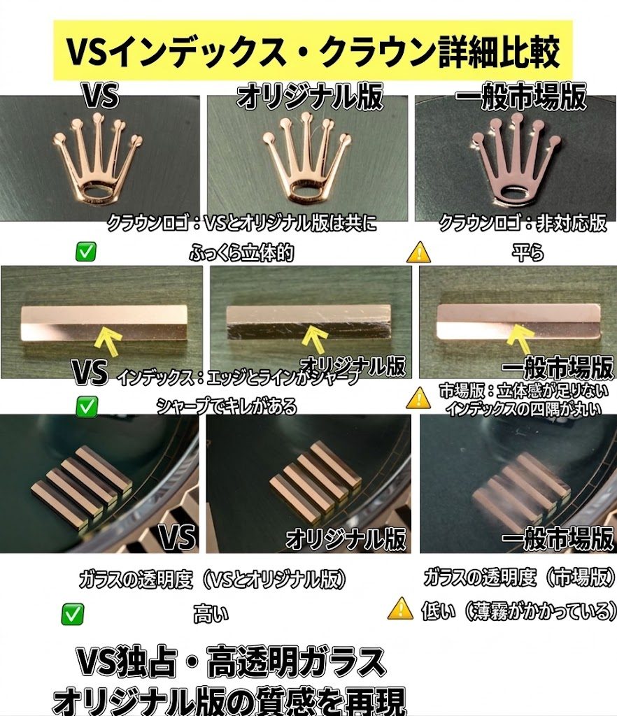 立体的な王冠ロゴ、面取りされたインデックス、高透過ガラスの比較