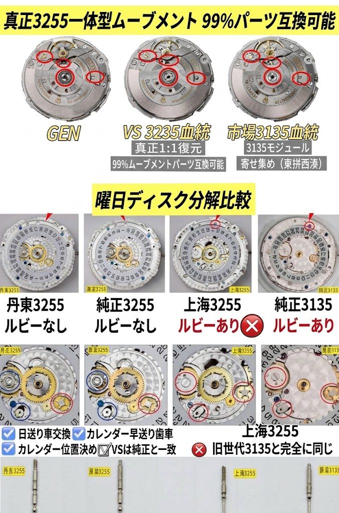丹東3255ムーブメントと純正、上海3255の構造比較