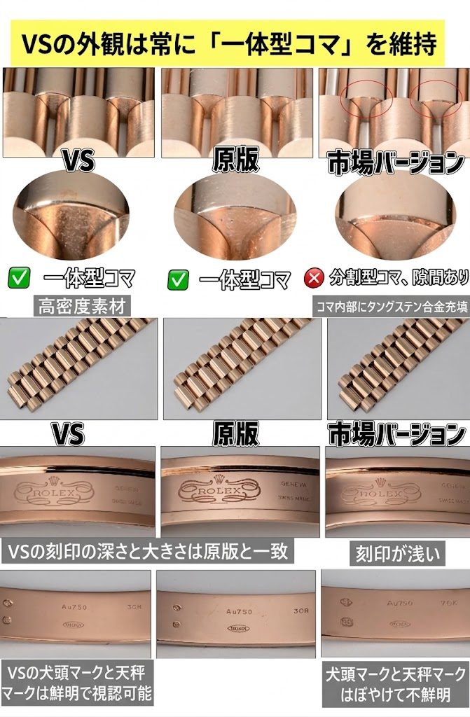 VSFのシームレスな一体型コマと、深く鮮明な貴金属の刻印比較